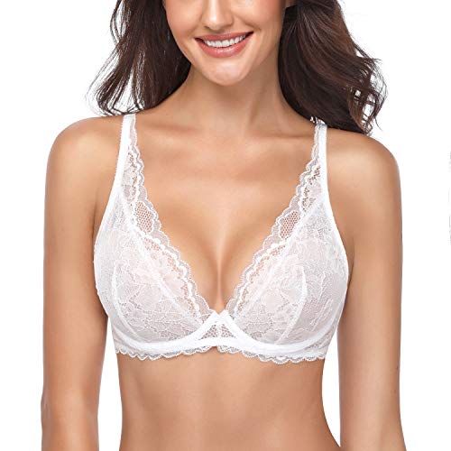 Wingslove Damen Sexy Bügel Spitze BH Tief V Mesh Komfort Leicht Gepolstert BH Bralette (Weiß 38C) Cover