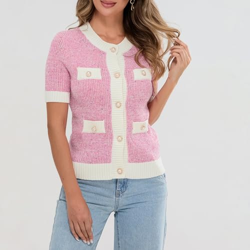 Image of Womens Short Sleeve Button Down Cardigans Sweater Cropped Lightweight Crew Neck Elegant Knit Tops with Pockets