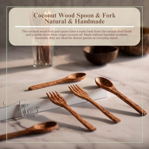 Image of Thenga Coconut Wood Spoon & Fork Set | 100% Natural & Handmade Wooden Cutlery | Eco-Friendly, Durable & Sustainable Dining Utensils for Meals, Salads, Soups & Desserts | Pack of 4 (2 Spoons + 2 Forks)