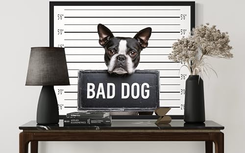 Image of aj decor Boston Terrier Mugshot Wall Art Print Poster, Dog Pet Lover Picture Painting Artwork Bedroom Living Room Office Dining Room 150D (Boston Terrier Mugshot, 16 x 20 inches, Black Frame)