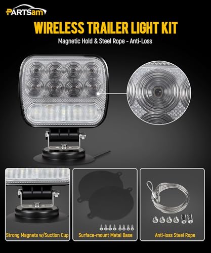 Image of Partsam Wireless LED Trailer Light Kit Magnetic Towing Tail Light Portable Universal Stop Turn Reverse Backup Smoked+Clear Lens w / 7-Pin Plug Dual USB Charger for Trucks Trailers RVs 12-24V