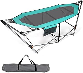 CASART Folding Camping Hammock, Portable Outdoor Swing Bed with Metal Frame, Carry Bag, Anti-Slip Buckle & Storage Pocket, Outing Hiking Lounge Canvas Hammock for Beach Patio Garden Yard Home (Blue)