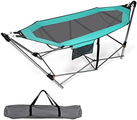 Giantex Portable Folding Hammock, Lounge Camping Bed with Hammock Stand, Indoor & Outdoor Hammock w/Side Pocket, Anti-tip Buckles & Iron Stand for Camping Outdoor Patio Yard Beach (Turquoise)