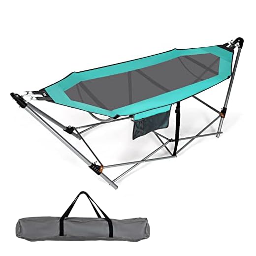 Giantex Portable Folding Hammock, Lounge Camping Bed with Hammock Stand, Indoor & Outdoor Hammock w/Side Pocket, Anti-tip Buckles & Iron Stand for Camping Outdoor Patio Yard Beach (Turquoise)