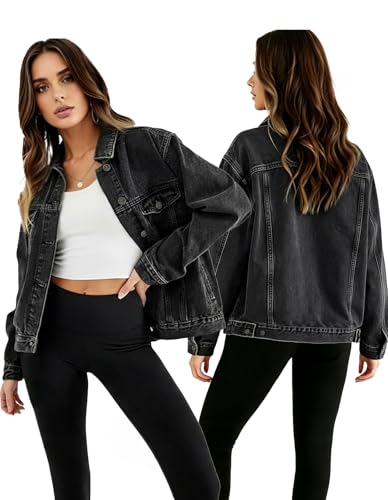 EG CHRIS G Black Jean Jacket Loose Oversized Denim Jacket for Women Trendy Trucker Coats with Pockets (Black denim jacket XL)