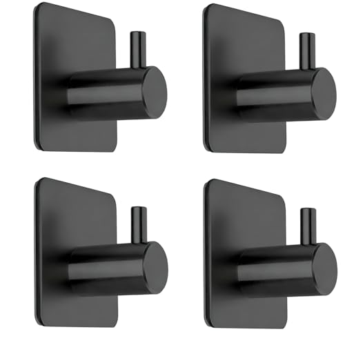 Fotosnow Black Adhesive Towel Hooks Heavy Duty Stick on Wall Hooks Shower Hooks for Bathroom Kitchen Door-4 Packs