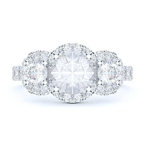 Sterling Silver Three Stones 1CT Simulated Round Brilliant Cut Diamond or Genuine Moissanite Halo Engagement Ring Wedding Promise Ring2