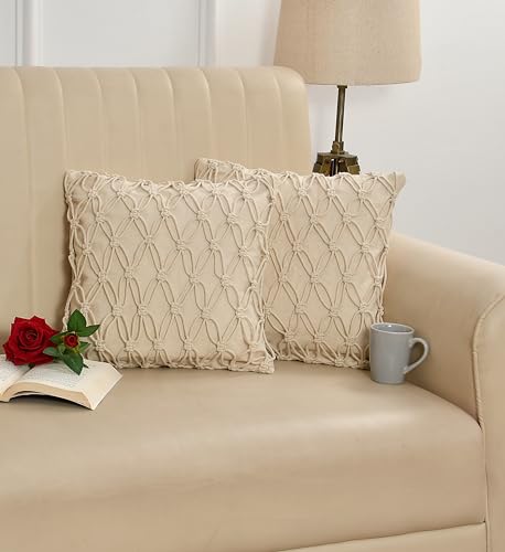 Image of Beautifull and Luxurious Handmade 100% Cotton Macrame Cushion Cover 16 inchx16 inch in Natural White Colour | Boho Cushion Cover in Premium Canvas Duck Fabric (Diamond) Pack of 2
