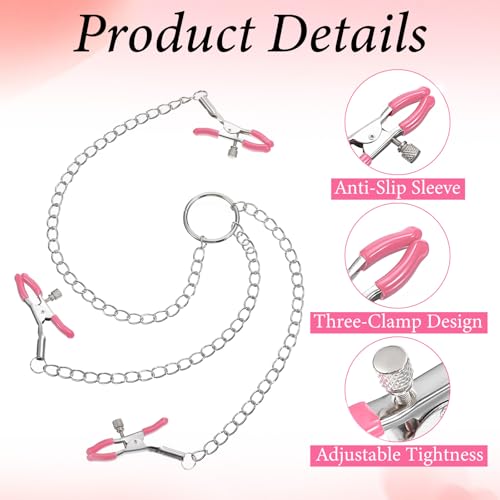 Adjustable Non Piercing Nipple Clamps Y Necklace for Women Men, Body Jewelry with Soft Silicone Pads, 3 Clips Pink3