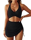 CiCiBird Women's High Waisted Mesh Swim Skirt Drawstring Two Piece Modest Bathing Suit Tummy Control Black X-Large