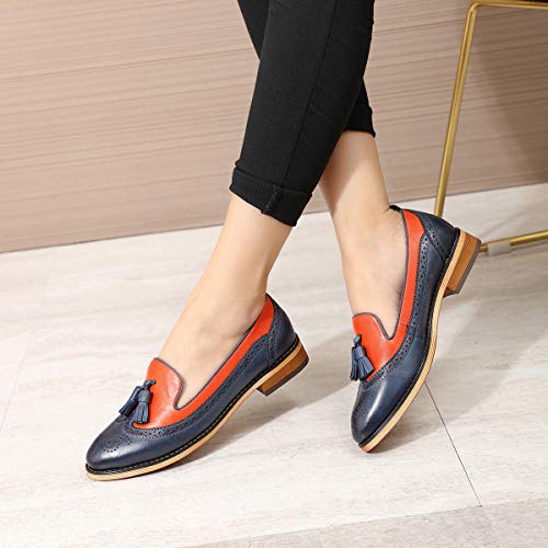 Image of Mona flying Women's Leather Tassel Loafers Slip on Brogue Flat Office Shoes