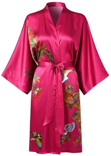 Image of Women's Silk Kimono Robe Short Bathrobe Nightgown 100% Mulberry Silk for Women - Classic Floral Pattern