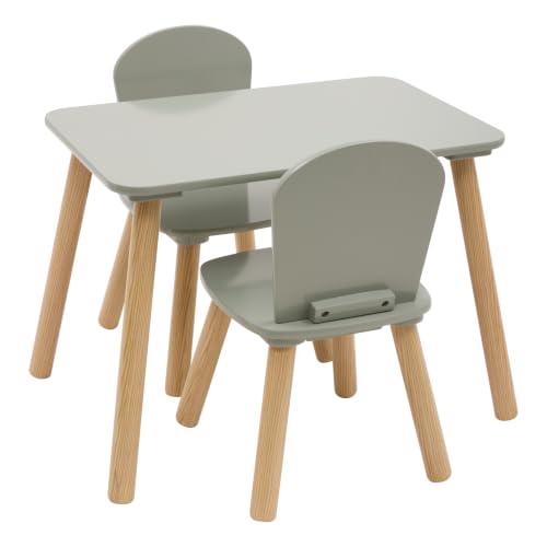 Alex - Juego de mesa y silla infantil resistente al agua - Mueble de dormitorio, sala de juegos - Niña y niño - Madera, bordes redondeados, blanco (1 mesa + 2 sillas verde)