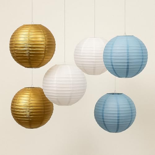 Image of Gold, Baby Blue, White Hanging Paper Lanterns Decorative Kit