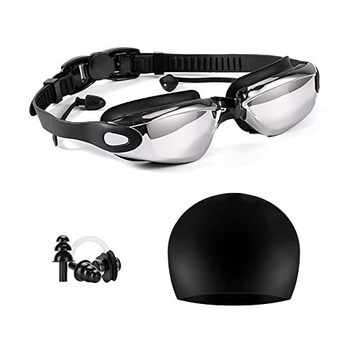 SUNLYTOUR Lunettes de Natation,Lunettes de Natation anti-UV et Anti-buée + Pince-nez Offert + Bonnet de Bain + Bouchons d'oreille,Convient aux Adultes, Hommes, Femmes et Enfants Cover