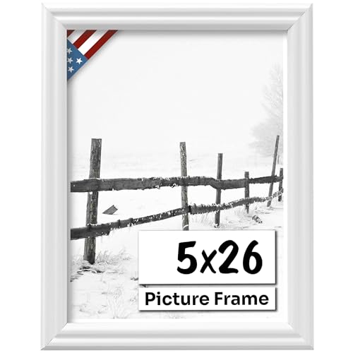 White 5x26 Picture Frame .75" Inch Wide - White Wall Decor Handmade Solid Wood Frames with Preinstalled Hangers and UV Blocking Plexiglass 26x5 Frame