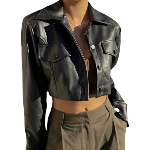 ZGMYC Women's Faux Leather Crop Jacket Button Down Long Sleeve Casual Jacket Outerwear Short Coat Streetwear