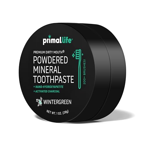 Image of Primal Life Organics - Dirty Mouth Toothpowder, Activated Charcoal Tooth Cleaning Powder, Essential Oils Natural Kaolin & Bentonite Clay, 200+ Brushings Organic Vegan (Charcoal Wintergreen, 1 oz)