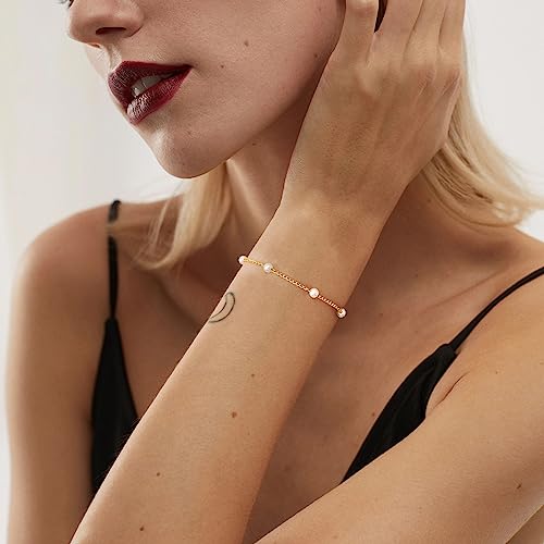 Gold/Silver Pearl Bracelet 18K Gold Plated Cultured Pearls Bracelets for Women Dainty Adjustable Beaded Link Chain Layered Bracelets Bridesmaid Jewelry Gifts for Women3