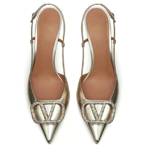 Image of BlingQueen Women Heeled Slingback Sandals Closed Pointed Toe Stiletto High Heels Patent Leather Pumps Slip-On Backless Evening Prom Party Dress Shoes