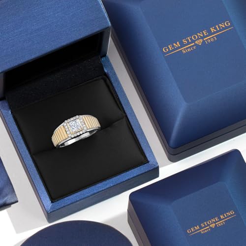 Gem Stone King 925 Silver and 10K Yellow Gold 5MM Princess Cut Gemstone Birthstone and 1.2MM Round White Lab Grown Diamond Statement Ring For Men | Available in Size 7-134