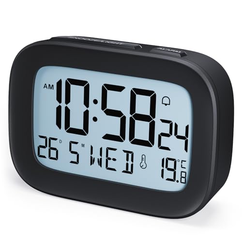 HOMVILLA Reloj Despertador Digital Pilas Pequeño con Temperatura, Retroiluminación, Fecha y Día de la Semana, Zumbador Fuerte, 12/24H, Snooze para Dormitorio y Viajes (2 Baterías AAA Incluidas)