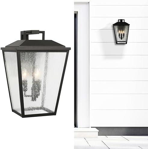Scott Living 3-Light Kennewick Transitional Outdoor Wall Lantern in Textured Black Finish with Clear Seeded Shade DJO1113TXB, Outdoor Light Fixture for Front Porch Decor and Wall Lights