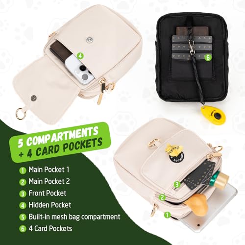 COOWONE Leckerli-Tasche für Hunde, wasserdicht, mit Kotbeutelhalter, mehrere Taschen, Kuriertasche, verstellbarer, dicker Schultergurt, zweilagige Crossbody-Tasche für Welpentraining, Wandern, beige