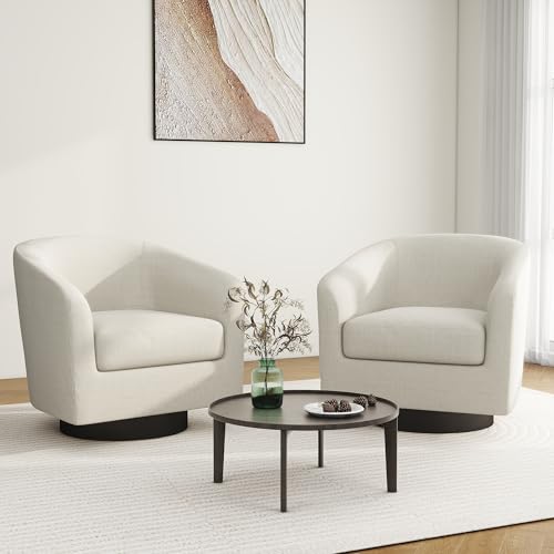 Swivel Barrel Accent Chair, Modern Round Linen Arm Chair for Living Room, Bedroom, Comfy Club Reading Chairs for Adults(Linen Fabric, Beige, Set of 2