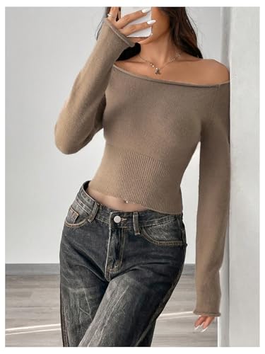 MakeMeChic Women's Off The Shoulder Rib Knitted Crop Top Long Sleeve Slim Fit Pullover Sweater4