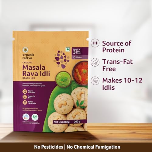 Image of Organic Tattva Masala Rava Idli Instant Mix 200g, Ready in 4 Steps, 4 Pack | Source of Protein, No Artificial Preservatives, No Cholesterol & Trans Fat, Ideal for Quick Breakfast Meals & Snacks