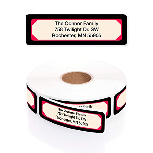 Red & Black Borders Designer Rolled Address Labels with Elegant Plastic Dispenser
