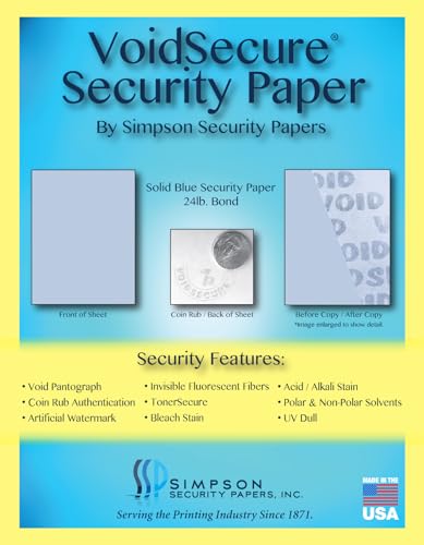 8.5 x 11 Simpson Security Papers VoidSecure Solid Blue 24# Security Paper, 500 Sheets