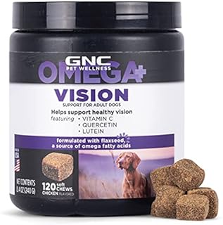 GNC Pets Omega Vision Dog Supplements for Adult Dogs with Omega Fatty Acids & Flaxseed, 120 ct | Chicken Flavored Soft Chew Vision Support Dog Supplements with Vitamin C, Quercetin, and Lutein