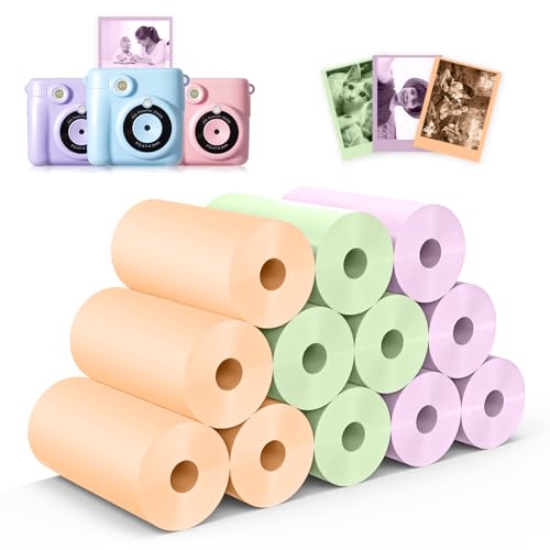 12 rollos de papel de impresión térmica Hikkon para cámara instantánea para niños, para la mayoría de las cámaras instantáneas infantiles,solo papel (Púrpura, Naranja, Verde)