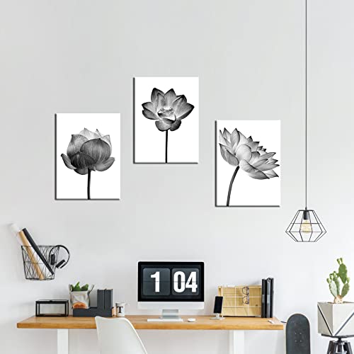 Ilooklike Lotus Pictures Wall Decor Black And White Flower Wall Art Prints Elegant Floral Photo Artwork Grey Water Lily Painting Stretched And Framed For Living Room Bedroom 12X16Inchx3Pcs #TOP1
