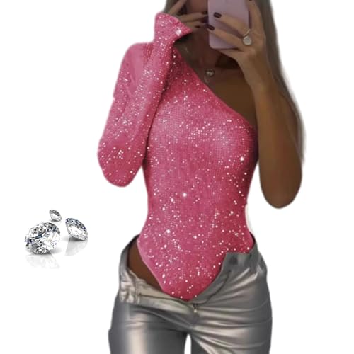 Image of One Shoulder Sequin Bodysuit for Women, Sexy off the Shoulder Ruched Asymmetrical Glitter Tops Slimming Sparkle Party Shirts (Pink,L)