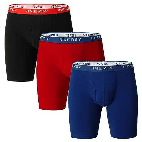 INNERSY Mens Long Leg Boxers Anti Chafing Shorts Cotton Trunks with Fly Pants Underwear Multipack 3 (L, Blue/Black/Red)