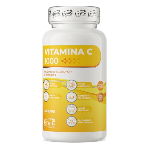 EthicSport - Vitamina C 1000 - Barattolo da 120 cps - Integratore alimentare di Vitamina C - In capsule vegetali. Per il sistema immunitario, la protezione antiossidante e la formazione del collagene.