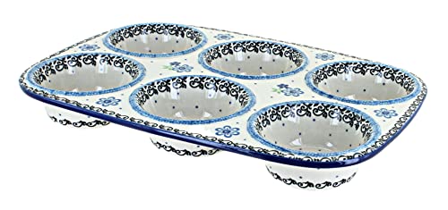 Blue Rose Polish Pottery - Blue Eliza Muffin Pan - 11.5" x 8" - Ceramic Baking Dish, 6-Cup Muffin & Cupcake Pan