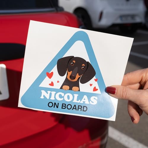 Wanapix | Autocollant Teckel Personnalisé pour Voiture | Avec le Nom de Votre Chien | Résistant aux Intempéries | Vinyle Adhésif Auto ou Moto | 15x13cm