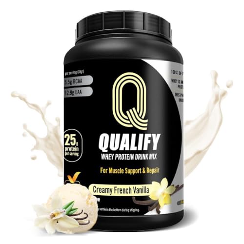 Qualify French Vanilla Protein Powder. 25g Protein Shake for Post Workout Recovery, Smoothie & Baking. Gluten & Sugar Free, Highly Kosher, Amino Acids (5.5g BCAA, 2.7g Leucine), 1.65lbs, 23 Servings