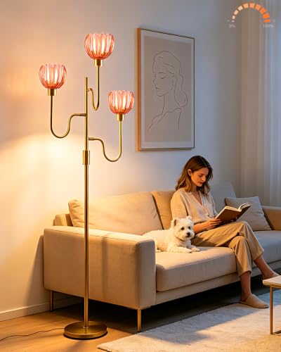 Image of 3-Light Red Tulip Glass Floor Lamp, Dimmable Standing Floor Lamp with 3 Bulbs Included, 3000K Warm White Gold Tall Floor Lamp for Living Room Bedroom Sofa Corner, Modern Romantic Reading Floor Lamp