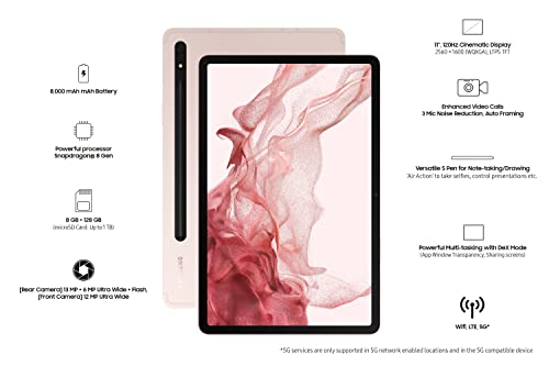 Image of Samsung Galaxy Tab S8 27.94 cm (11 inch) Display, RAM 8 GB, ROM 128 GB Expandable, S Pen in-Box, Wi-Fi+ 5G Tablet, Pink Gold