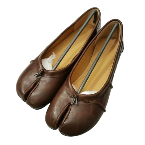 SLJYM Mode mjukt läder delad kvinnor tabi balett platta skor höst bekväma promenader lata loafers vardagliga flickor dansskor, Brun, 37 EU