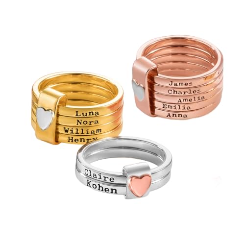 CALLIE Personalized Stackable Rings for Women, Engraved 2-5 Names Heart Sterling Silver Rings Womens Jewelry, Christmas Mother's Day Birthday Gift for Mom Grandma