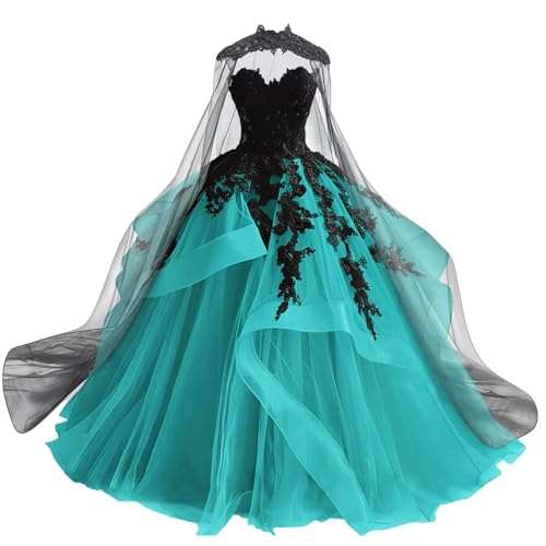 Mouccy Gothic Strapless Wedding Dresses for Bride Aqua Lace Bridal Gowns  Tulle Prom Dress with Cape 0 at Amazon Women's Clothing store