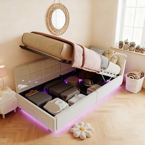 KRYZOR Cama tapizada para sofá cama de 90 x 200 cm, con LED y USB, con espacio de almacenamiento hidráulico, cama para niños, cama individual de almacenamiento, cama de invitados con somier