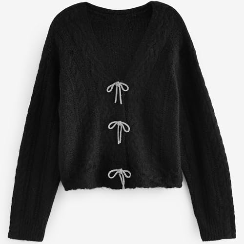 Image of Women Y2K Solid Color Knit Cardigan Long Sleeve V Neck Bow Button Open Front Sweater Top Vintage Going Out Knitwear