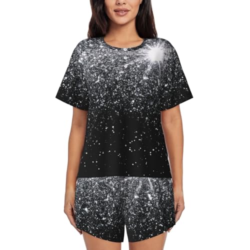 Bryptxztxt Pyjama d'été à paillettes argentées brillantes pour femmes, ensemble de pyjama d'été à manches courtes, col rond doux, vêtements de nuit, vêtements de nuit boutonnés avec poches, tailles S